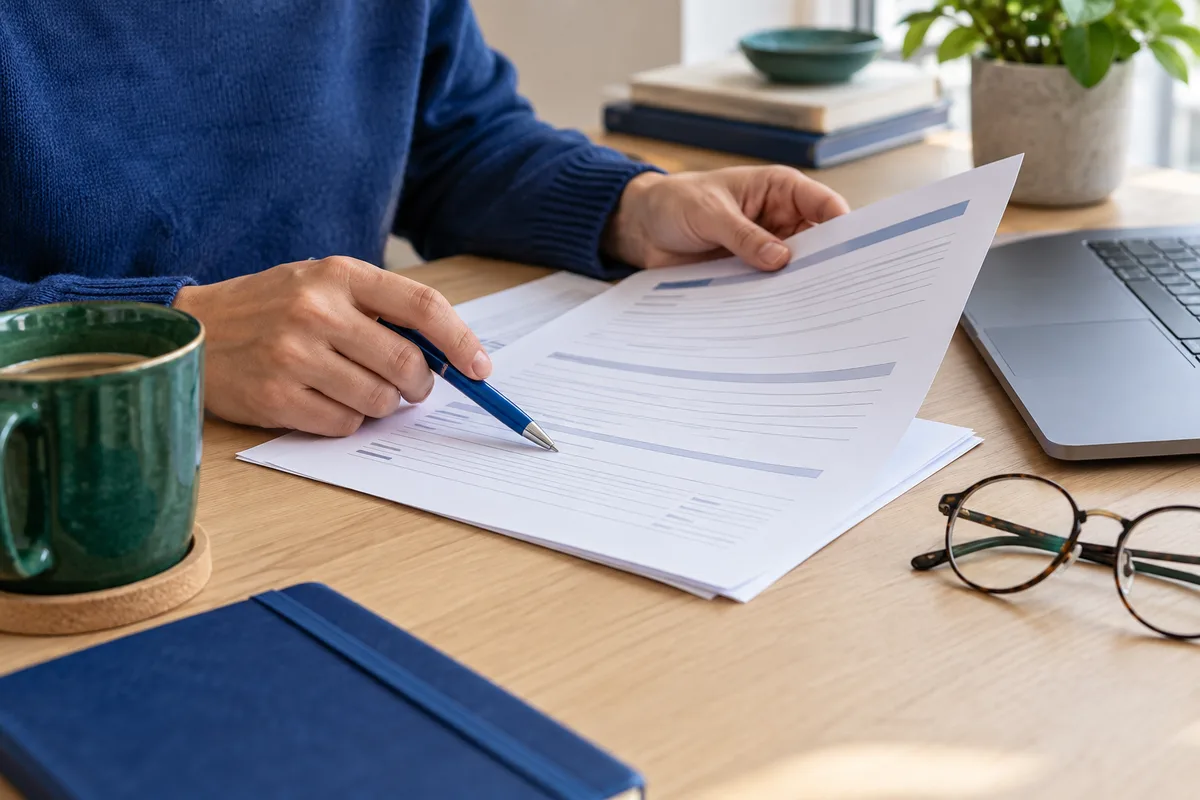 Hands reading a document beside a laptop and pen