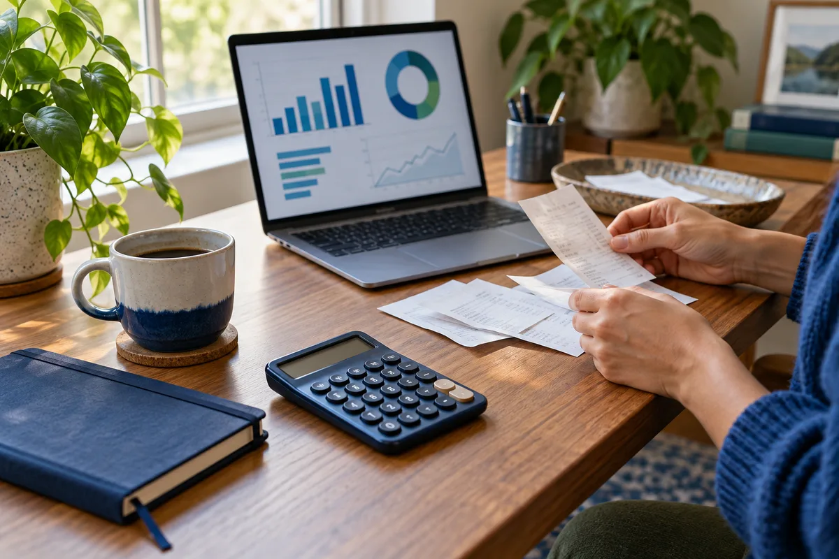 Hands organizing receipts at a home desk with a calculator and laptop