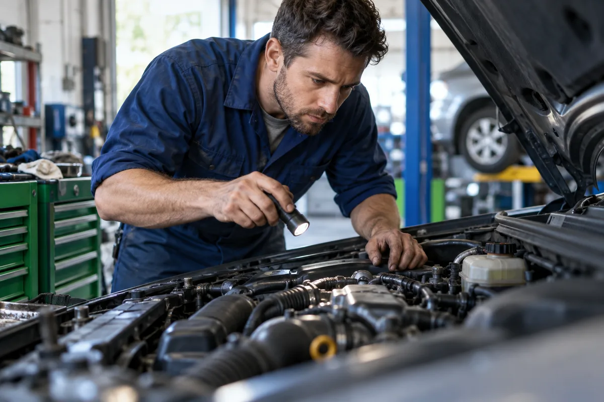 A mechanic checking a car engine in a workshop