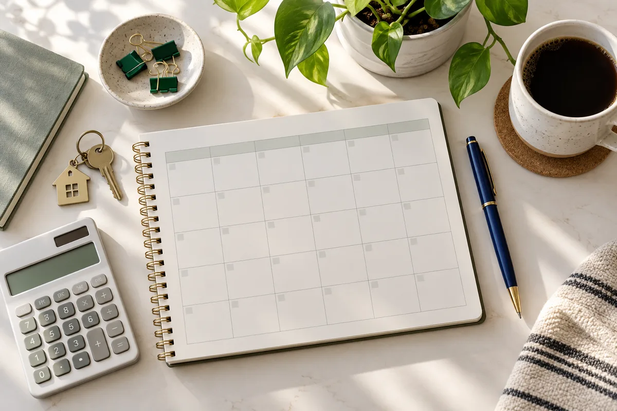 A monthly planner, calculator and house key on a desk